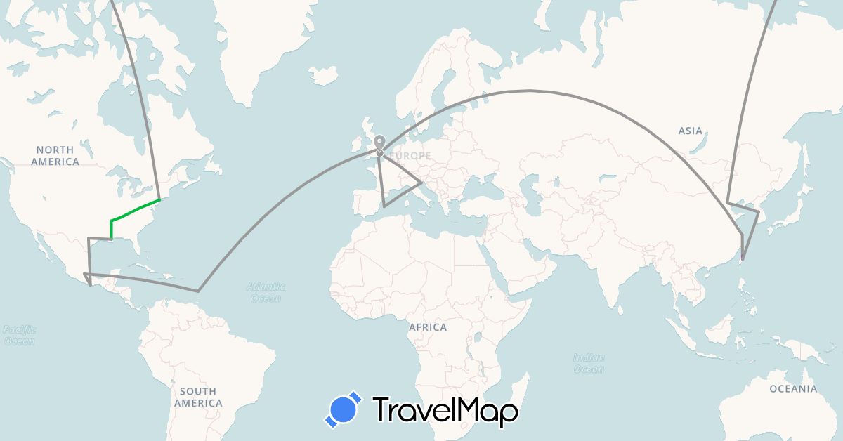TravelMap itinerary: driving, bus, plane, train in China, Spain, United Kingdom, Croatia, South Korea, Saint Lucia, Mexico, Taiwan, United States (Asia, Europe, North America)